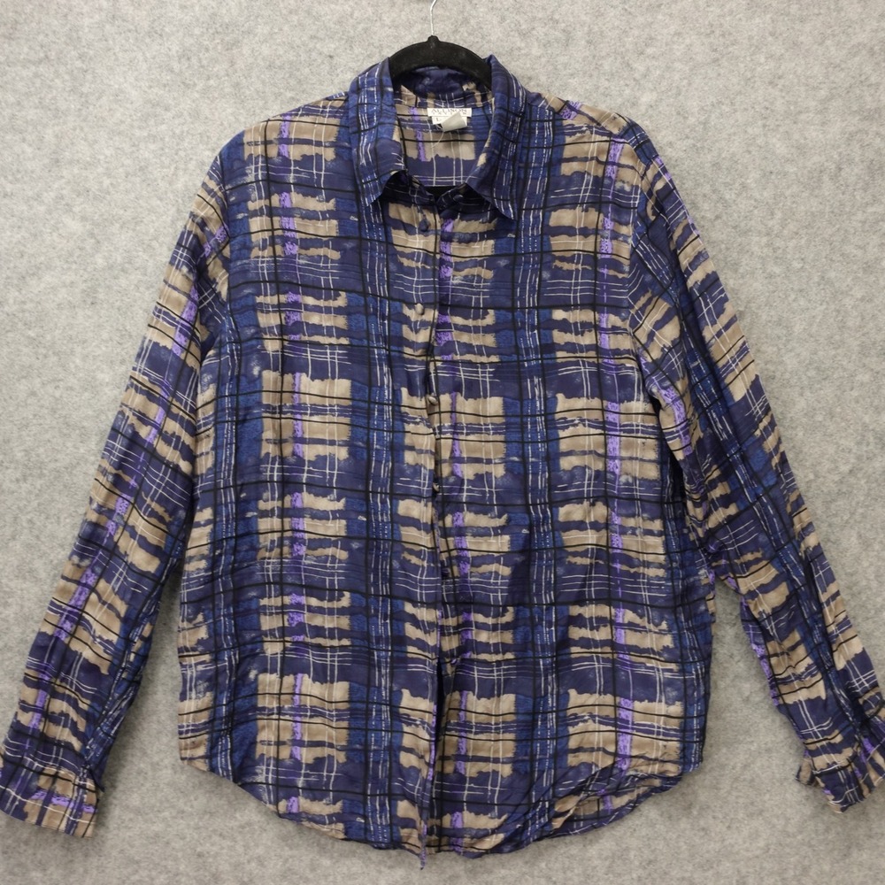 Vintage Indie Grunge Silk Shirt Womens L Blue Abstract Plaid Art ALLISON TAYLOR